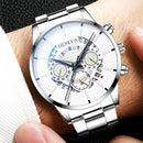 Luxury Hollow Out Men's Watches Fashion Business Calendar Blue Stainless Steel Mesh Belt Analog Quartz Watch Relogio Masculino
