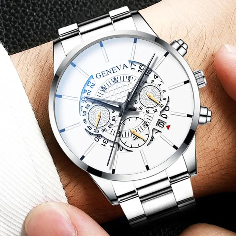 Luxury Hollow Out Men's Watches Fashion Business Calendar Blue Stainless Steel Mesh Belt Analog Quartz Watch Relogio Masculino