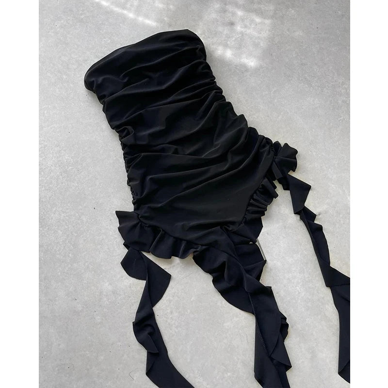 Vestido minivestido sexy sin tirantes con estampado floral, dobladillo plegado, abertura alta, liso, sin espalda, sin mangas, negro y rosa, para fiesta, 2024