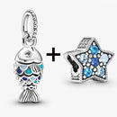 2Pcs/Lot Crystal Blue Scaled Fish Bead With Pendant Fit DIY Brand Charm Bracelet  For Women's Summer Jewelry To Making Gift