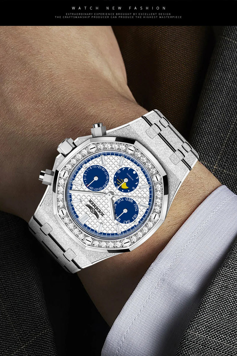 HAEMMER high-end design multifunctional men's watch stainless steel silver diamond face fashionable men's watch waterproof 30ATM