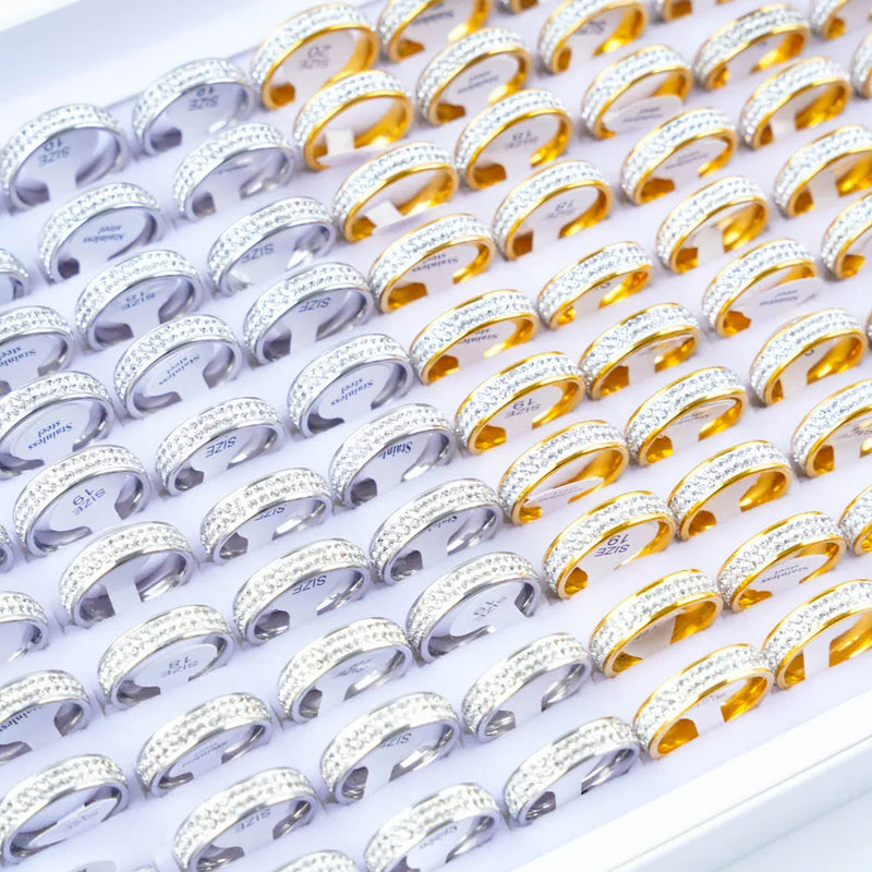 10Pcs/Lot Fashion Classic Rhinestone Stainless Steel Rings For Women Simple Shiny Colorful Finger Jewelry Wedding Party Gifts