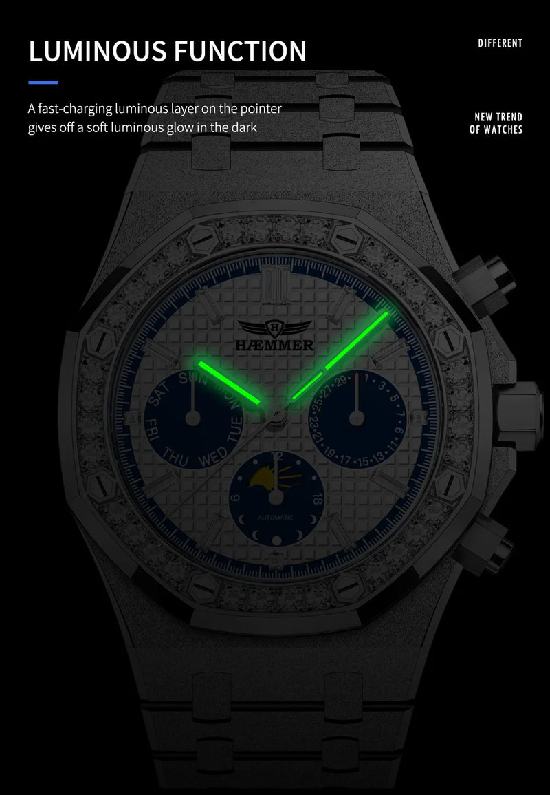 HAEMMER high-end design multifunctional men's watch stainless steel silver diamond face fashionable men's watch waterproof 30ATM