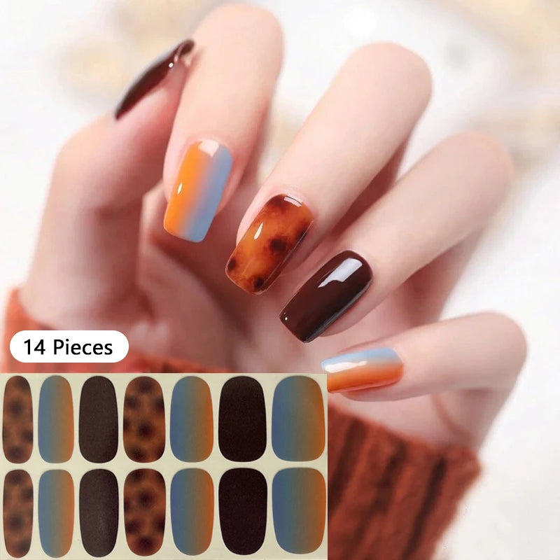 New 16 Strips Autumn Nail Stickers Full Cover Nail Patch Leopard Print 3D Nail Stickers Nail Polish Strips DIY Nail Art Making