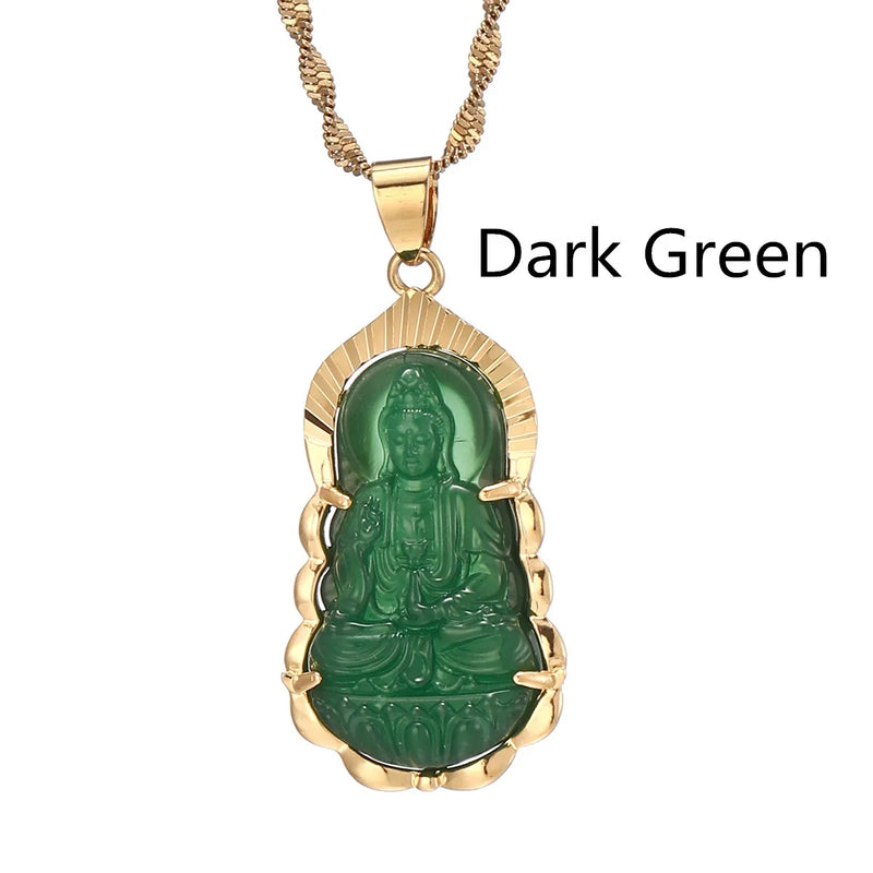 Green Jade Guanyin Pendant Necklace Chinese Buddha Buddhist Charm Maitreya Amulet Hinduism Jewelry