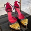 صنادل بناتية سوداء بأشرطة ذهبية، بمقدمة مستديرة وخمسة أصابع، بكعب عالٍ وكعب مجوف من جلد الغزال الصيفي، أحذية أنيقة للشارع، أحذية صيفية أنيقة