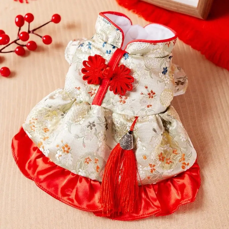 Practical Chinese Style New Year Pet Dress Plush Creative Pet Princess Skirt 4 Size Wind Resist Dog New Year Costume Keep Warm