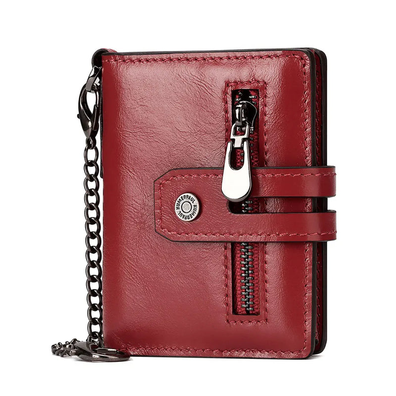 Mini Pop-Up Card Holder Genuine Leather Women Wallets RFID Blocking Protect Aluminum Cards Case Light Slim Purse with Chain