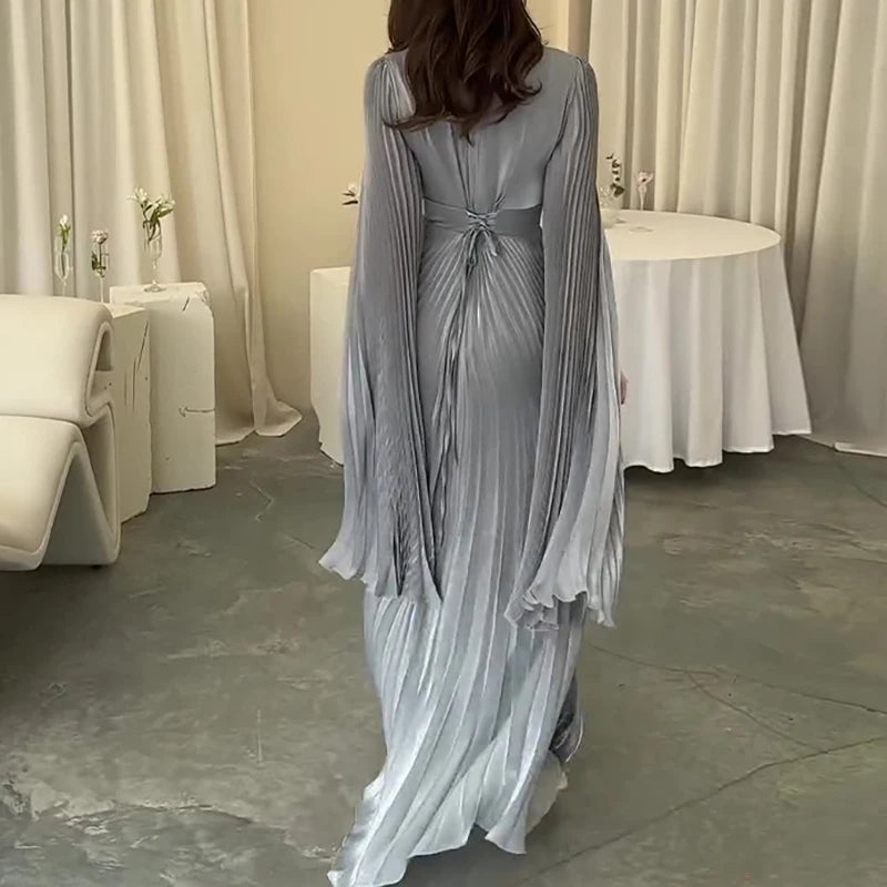 Vestido de fiesta elegante de otoño 2024 para mujer, de manga larga y cuello redondo, color liso, plisado, de cintura alta, ajustado, para noche