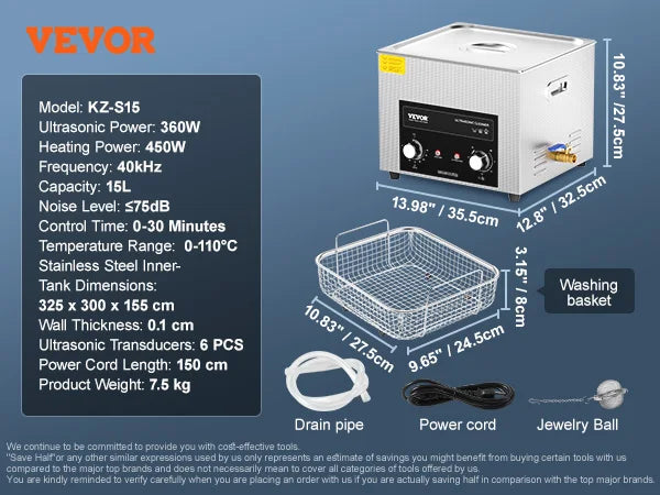 VEVOR Ultrasonic Cleaner with Heater Timer 2/3/6/10/15/30L for Lab Tools Metal Parts Carburetor Brass Auto Parts Engine Parts