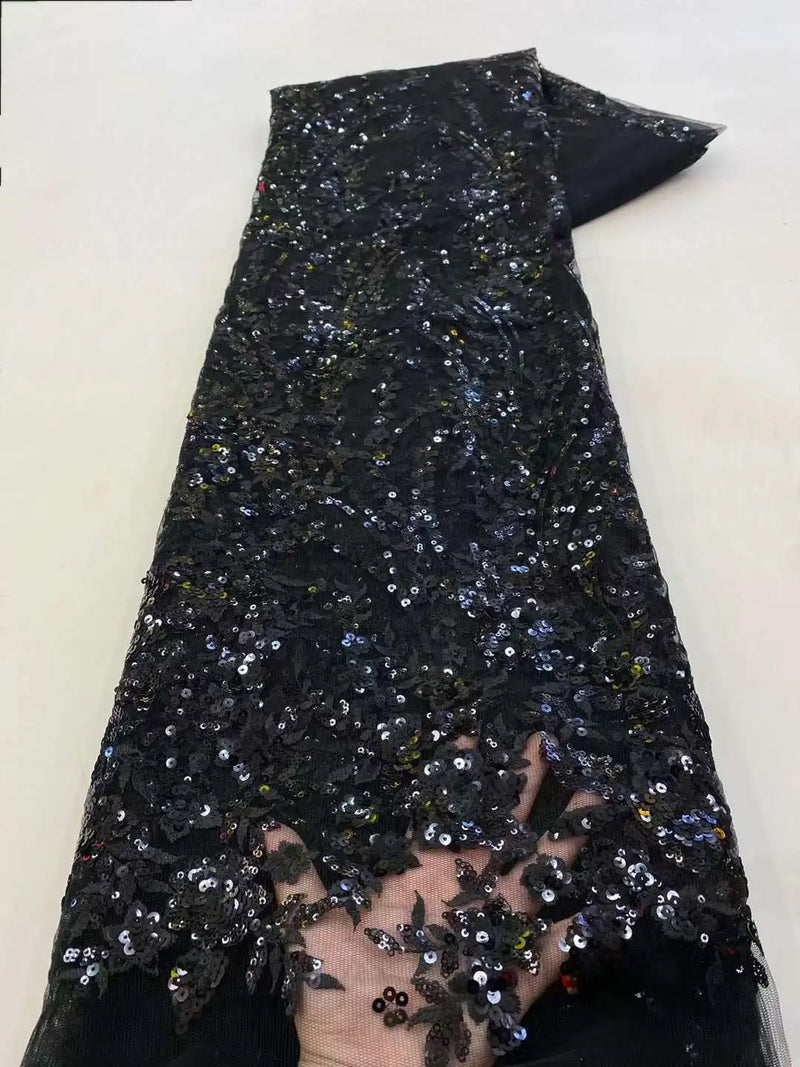 Latest African Sequins Lace Fabric 2024 High Quality Lace Embroidery Beaded Mesh Fabric 5 Yards For Women Wedding Party Dress