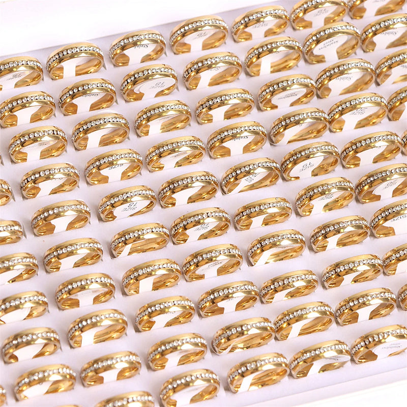 10Pcs/Lot Fashion Classic Rhinestone Stainless Steel Rings For Women Simple Shiny Colorful Finger Jewelry Wedding Party Gifts