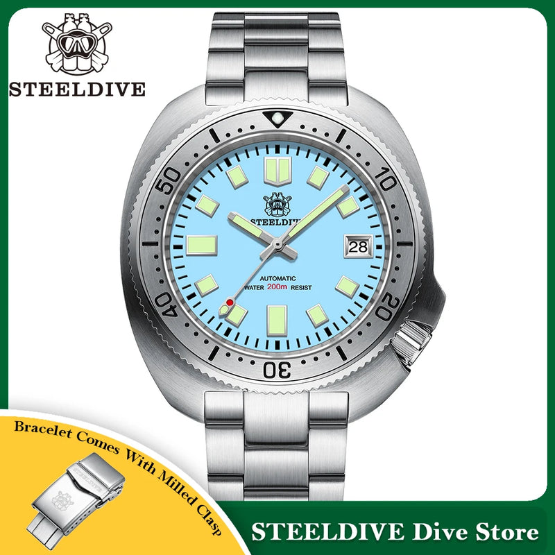 STEELDIVE SD1981 Steel Bezel Super Luminous AR Sapphire Glass NH35 Automatic 200m Waterproof Mens Dive Watch with Milled Clasp