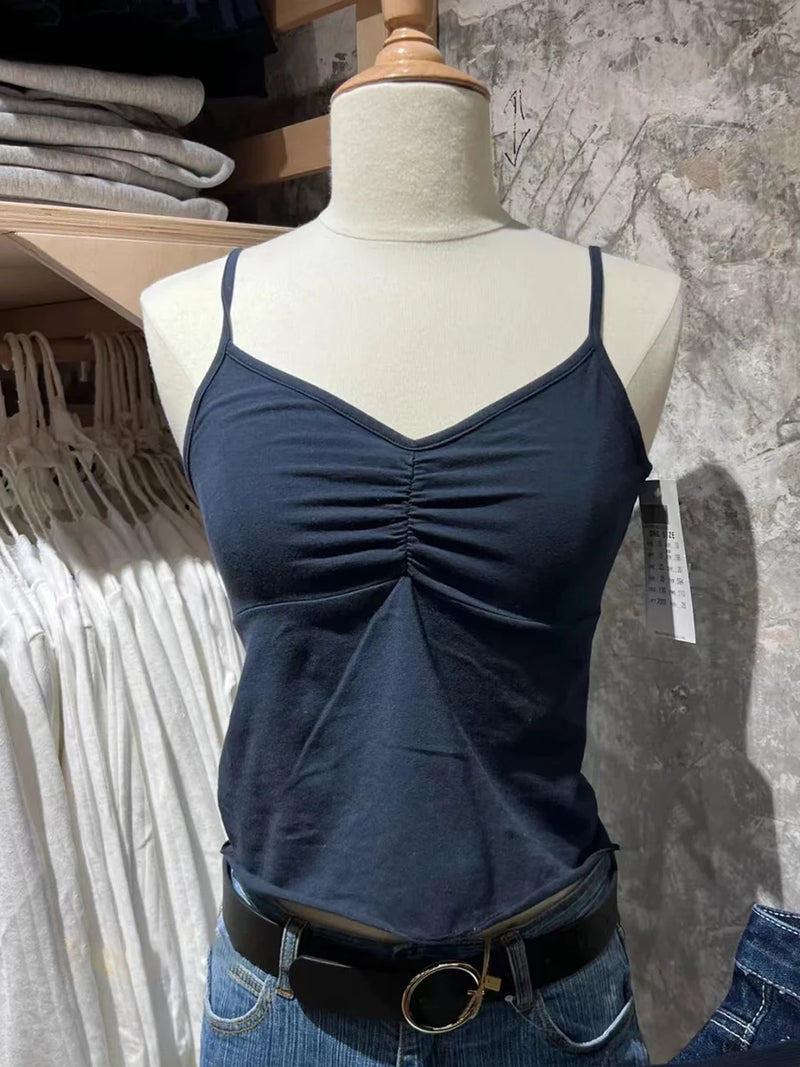 Folds V-neck Bow Black Tank Tops Women Lace Trim Cotton Sleeveless Slim Cropped Camisole Solid Vintage Sweet Summer Crop Top Y2k