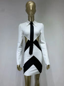 Women Sexy Long Sleeve Patchwork Black White Tie Cut Out Mini Bandage Dress 2023 Elegant Christmas Evening Club Party Dress