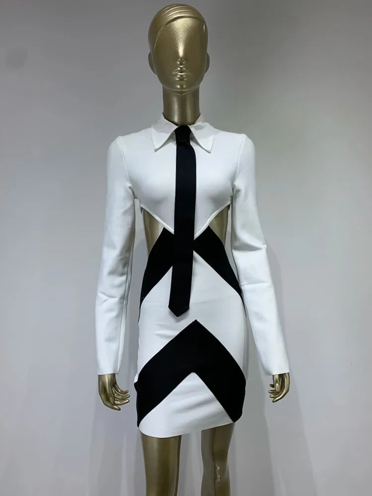Women Sexy Long Sleeve Patchwork Black White Tie Cut Out Mini Bandage Dress 2023 Elegant Christmas Evening Club Party Dress