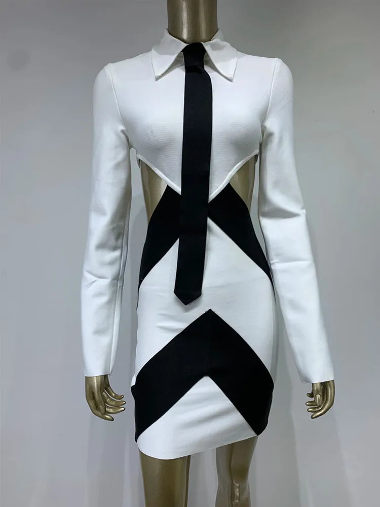 Women Sexy Long Sleeve Patchwork Black White Tie Cut Out Mini Bandage Dress 2023 Elegant Christmas Evening Club Party Dress