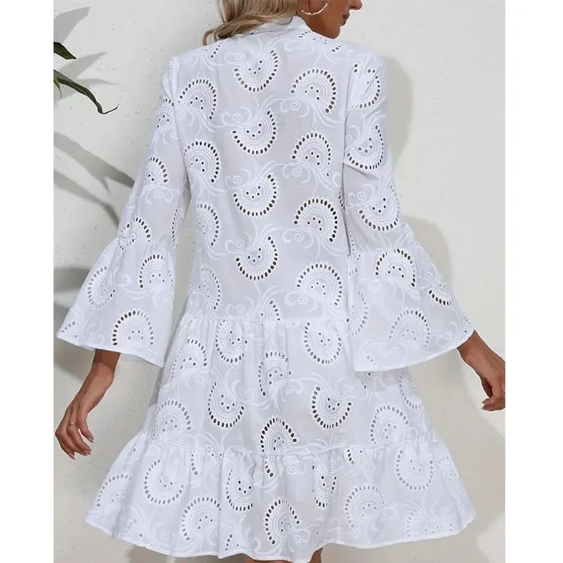 New Elegant V-neck Loose  Embroidery Party Dress Fashion Hollow Solid Lace Dress Women Sexy Ladies Dresses Casual Vestidos 27725