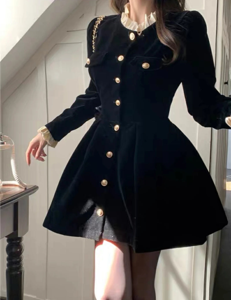 Korean Black Velvet Dresses for Women Single Breasted Long Sleeve Evening Party Dress Autumn Y2K Fashion A-line Vestido Mujer