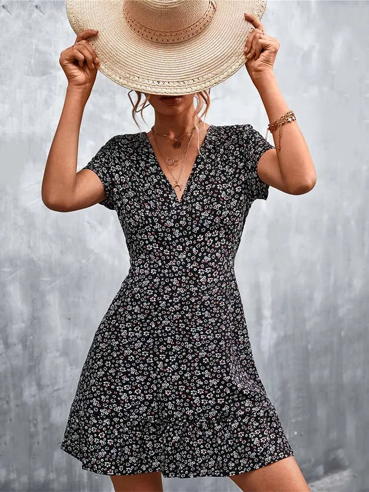 Summer Short Boho Dress Women V Neck Print Floral Party Dress Ladies Bohemian Flower Mini Dress For Women