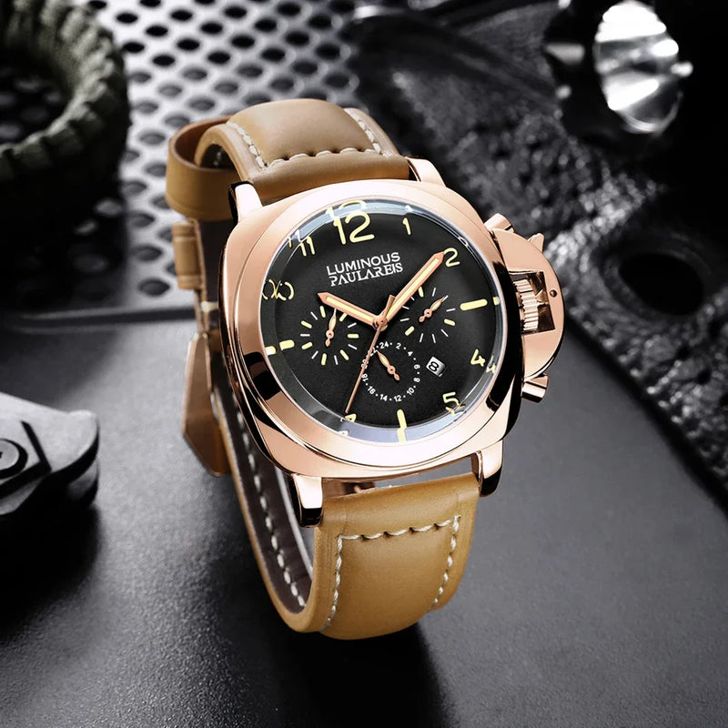 Automatic Watches for Men Mechanical Movement Genuine Brown Leather Multifunction Yellow Green Rose Gold Reloj Hombre Baratos