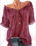 Sexy V Neck Lace Patchwork Loose T-shirts Summer Female See Through Sand Beachwear Tee Shirt Tops ARJ-05