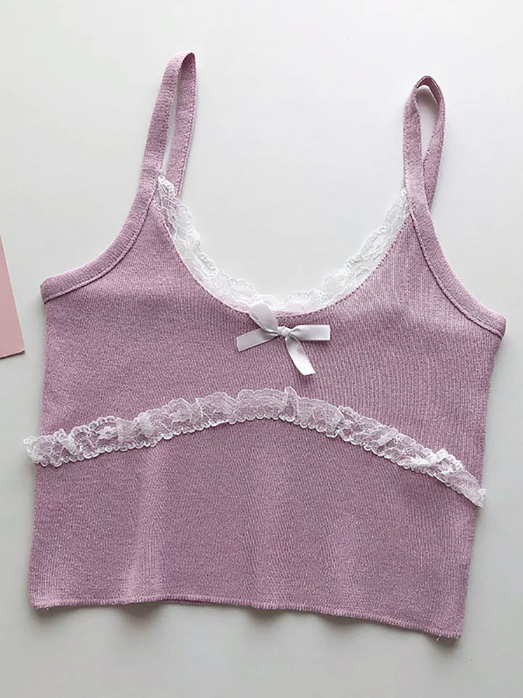 HELIAR Women Lace Bowknot Tops Female Plain Straps Tank Tops Streetwear Camisole Cute Crop Tops For Women 2023 Summer