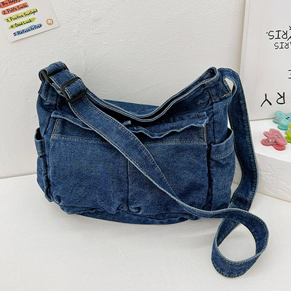 Denim Shoulder Bag for Women Men Teenage Causal Messenger Bag Student Book Bag Vintage Sling Bag Large Capacity Messenger Bag