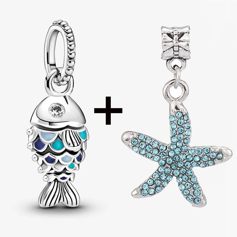 2Pcs/Lot Crystal Blue Scaled Fish Bead With Pendant Fit DIY Brand Charm Bracelet  For Women's Summer Jewelry To Making Gift