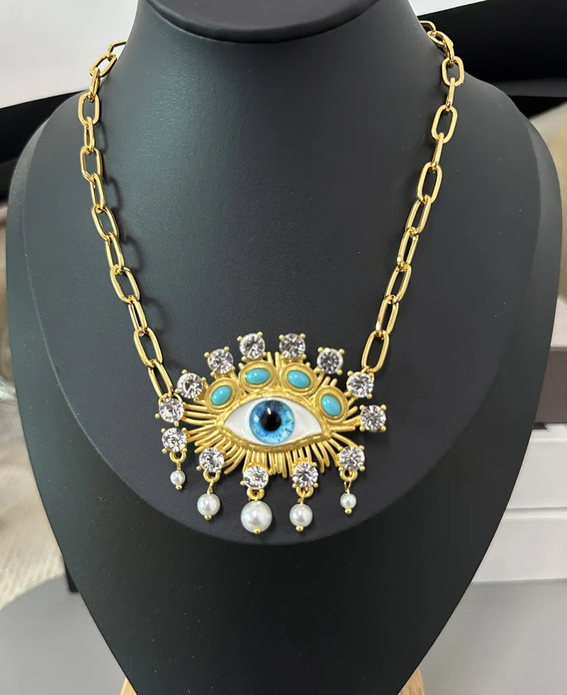 Retro Asymmetrical Contrasting Color Eye Sparkling Crystal Pearl Earrings Design Earring for Women