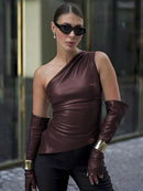 سترات نسائية بدون أكمام من الجلد من High Street برقبة مائلة وسحاب وأكمام من البولي يوريثان موضة خريف 2024، سترات نسائية بحافة ضيقة وقصيرة