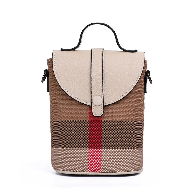 Aidrani  Fashionable women's mini bag, plaid single shoulder crossbody bag, canvas patchwork cowhide portable small bag
