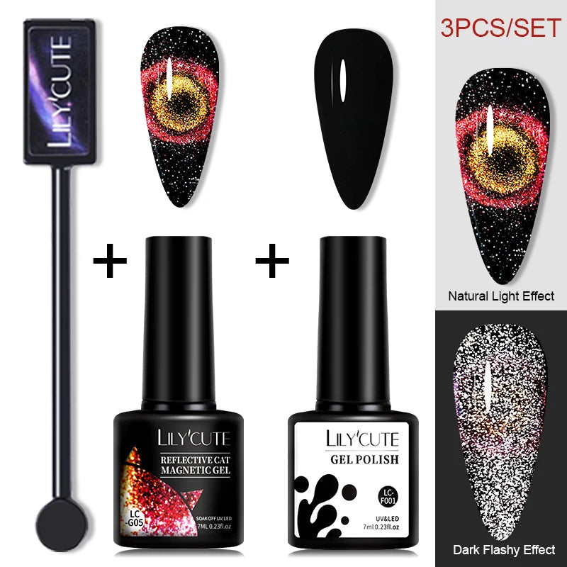 LILYCUTE 7ML 9D Cat Magnetic Gel Polish Set Semi Permanent Soak Off UV LED Glitter Nails Magnet Stick Black Gel Needed