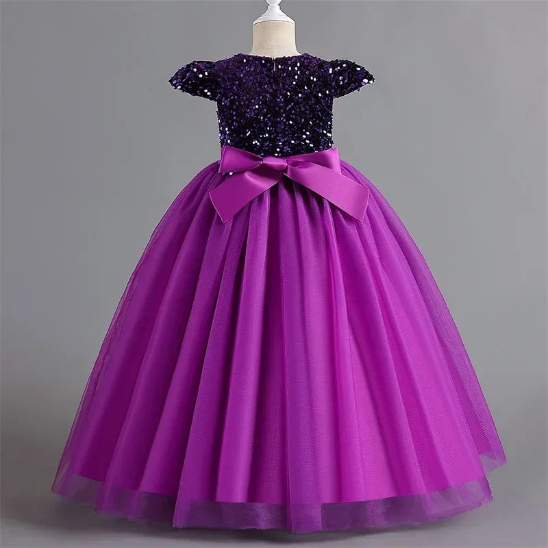 Puffy Girls Party Dress Elegant Kids Wedding Gala Prom Gown Sequin Bow Children Birthday Princess Dress For Girl Clothes 5-14Yrs