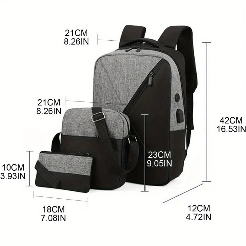 3pcs Versatile Backpack Trendy Washable Computer Bag Black Grey Blue Red School Business Backpack Unisex