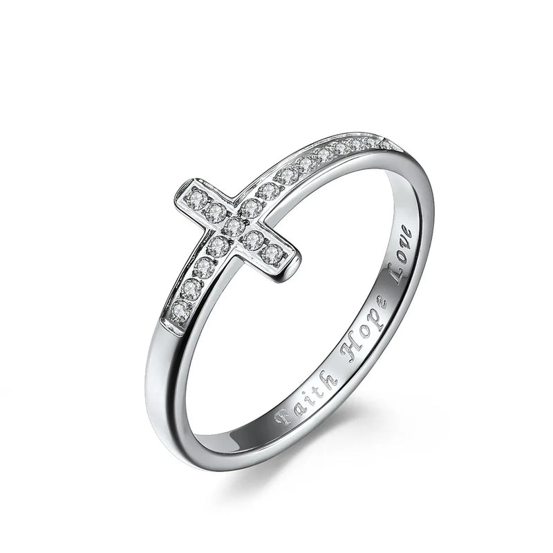 Stainless Steel "Faith Hope Love" Engraved Pave CZ Cross Ring Wedding Band for Women Men Size 5-10