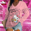 Hello Kitty Women's Long Sleeve T-shirts V Neck Kawaii Clothes 2024 3D Print New Lovely S-3XL Y2k Fashion High Quality Leisure