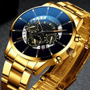 Luxury Hollow Out Men's Watches Fashion Business Calendar Blue Stainless Steel Mesh Belt Analog Quartz Watch Relogio Masculino