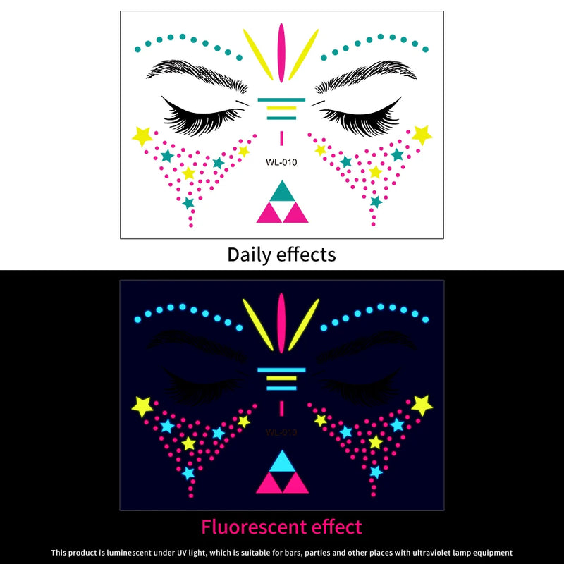 1Pc UV Neon Butterfly Flower Face Tattoo Stickers 14*15cm Waterproof Fluorescent Body Sticker for Club Party Makeup Face Sticker