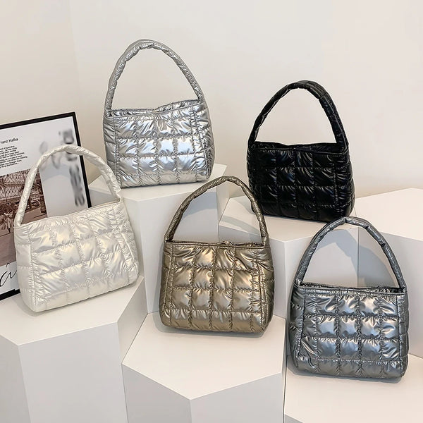 Quilted Cotton Padded Tote Embroidered Plaid Cotton Tote Bag Fashion Soft Lightweight Portable Solid Color for Weekend Vacation