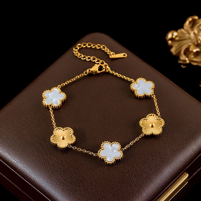 GANEMLY 316L Stainless Steel Red Plum Blossom Plant Leaf Flower Set Reversible Necklace Earrings Bracelet Women Clover Jewelry