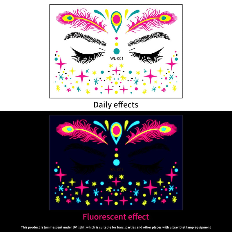 1Pc UV Neon Butterfly Flower Face Tattoo Stickers 14*15cm Waterproof Fluorescent Body Sticker for Club Party Makeup Face Sticker