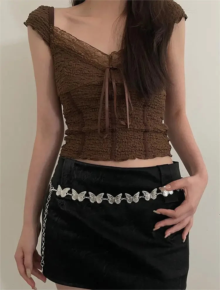 New Korean Y2K Ethnic Style Butterfly Tassel Waist Chain Exaggerated Single Layer Body Chain Women's Party Fashion Jewelry Gift