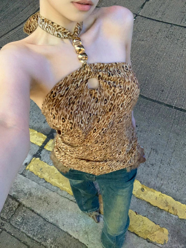 Y2k Aesthetic Hollow Out Leopard Sexy Tank Top Women Streetwear Backless Bandage Tanks Harajuku Halter Slim Fit Vintage Tops