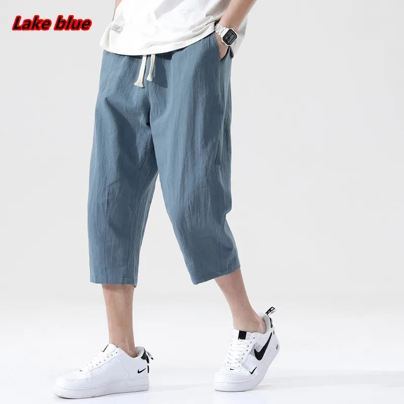 Summer New Casual Short Pants Mens Cotton and Linen Loose Pants  Trend Nine-point Straight Trousers M-5XL