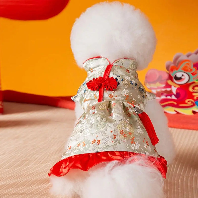 Practical Chinese Style New Year Pet Dress Plush Creative Pet Princess Skirt 4 Size Wind Resist Dog New Year Costume Keep Warm