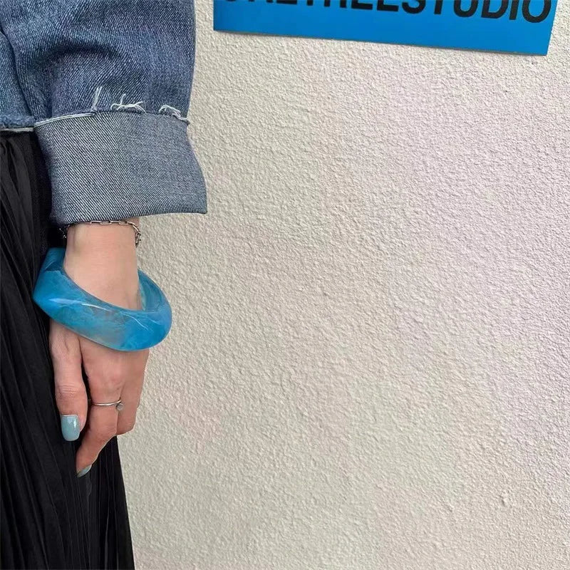 Hyperbole Blue Acrylic Resin Irregular Geometry Square Large Cuff Bracelet Charm Wide Thick Bangle For Women Summer Jewelry Gift