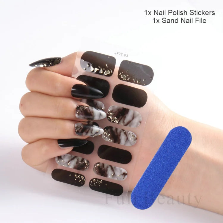 Gel Nail Stickers Lacquer Strips Full Cover Adhesive Slider Wraps With Line Foil Design Sanding File Nail Art Accessories LAJX22