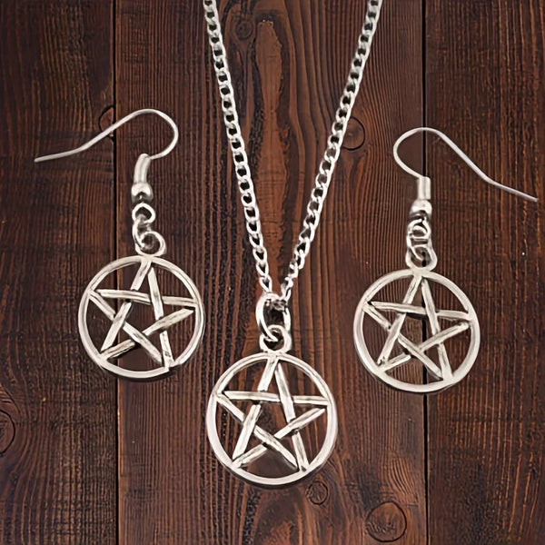 2 earrings and necklace set, vintage jewelry set, supernatural pentagram design, silver plated to match daily clothing, role-pla