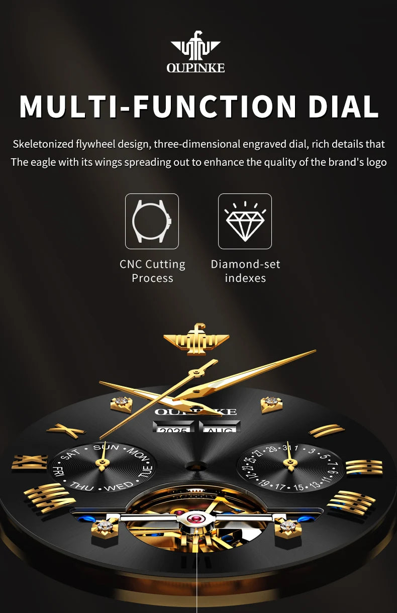 OUPINKE 3240 Automatic Watches Men 44mm Large Dial Tungsten Steel Strap Skeleton Flywheel Mechanical Watch for Men Luxury Watch
